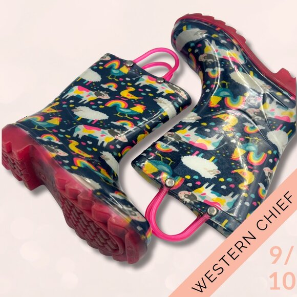 Western Chief Girls Size 9/10 Rain Boots | Unicorn Rainbow Farm Print - Picture 3 of 4